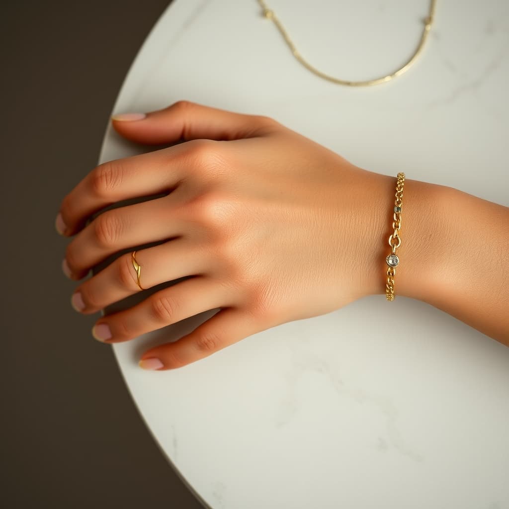 Hand displaying gold‑plated necklace, ring, and bracelet on marble, highlighting shine and elegance
