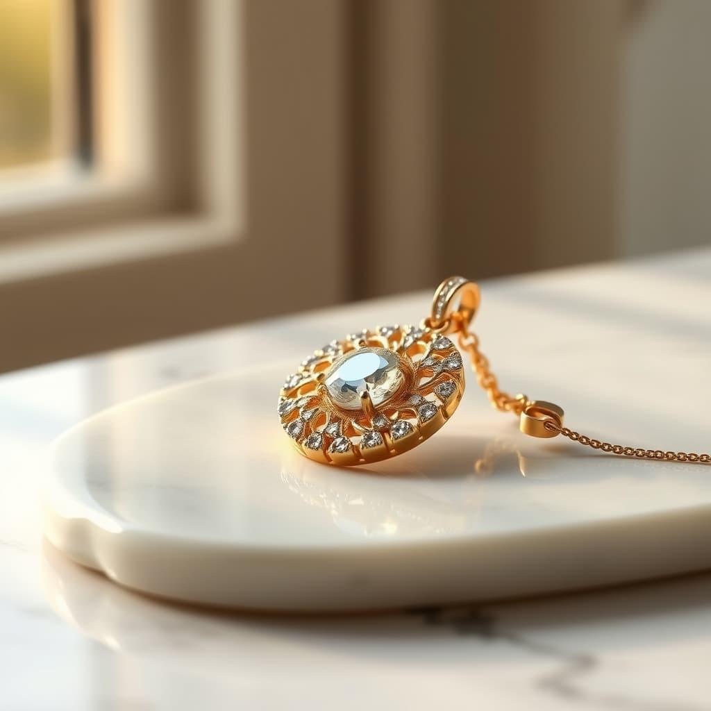 Gold‑plated pendant with diamond accents on marble background