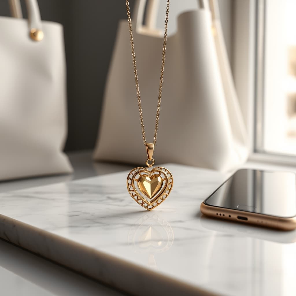 Gold‑plated pendant necklace on marble with a white tote bag and smartphone, highlighting fine filigree and gold sheen.