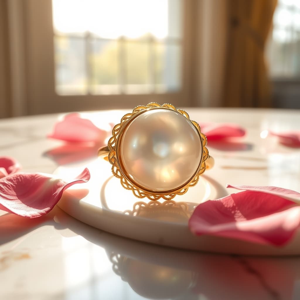 A close‑up of a 14k gold‑plated cocktail ring on marble, showing its polished finish and filigree design under soft daylight.